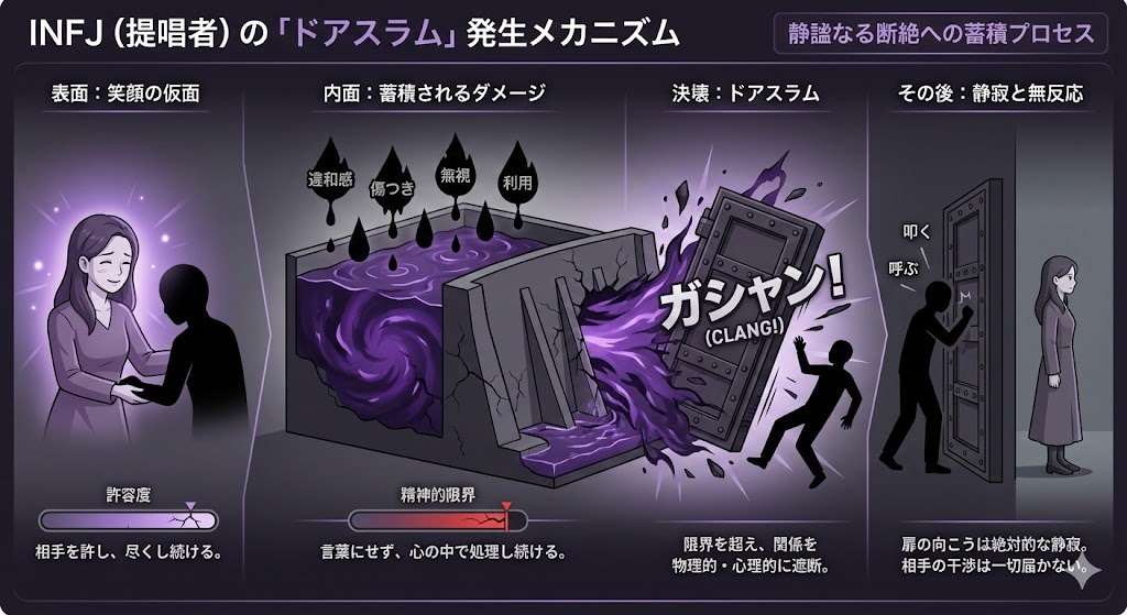 INFJ（提唱者）が我慢の限界を超えた瞬間に相手を完全に遮断する「ドアスラム」の心理プロセス図。