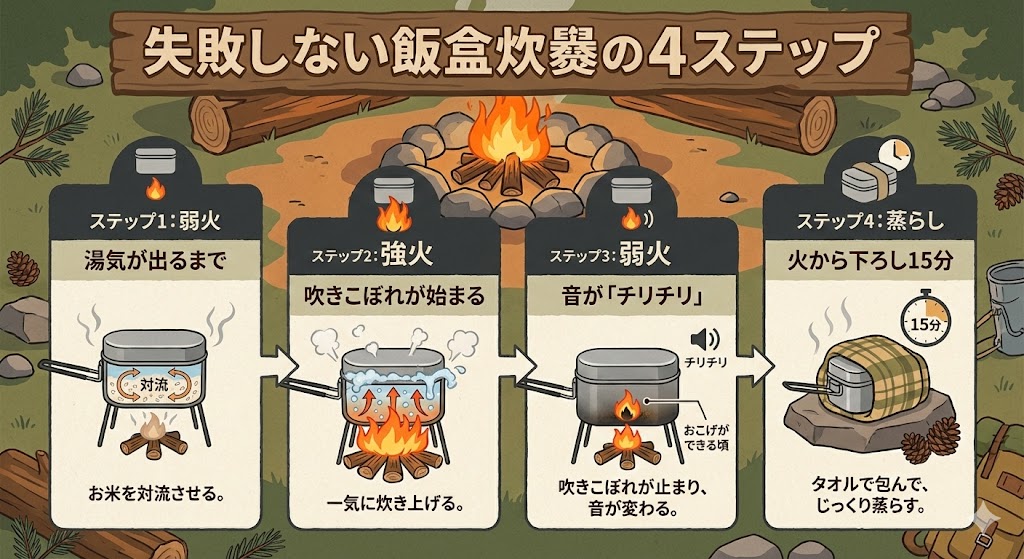 飯盒炊爨(はんごうすいさん)で失敗しない!芯が残らない・焦げない美味しい炊き方の極意