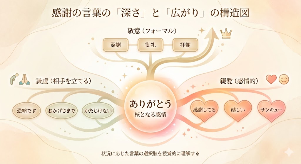 感謝の言葉「ありがとう」を中心に、敬意・親愛・謙虚の3方向に広がる言い換え表現のマップ。
