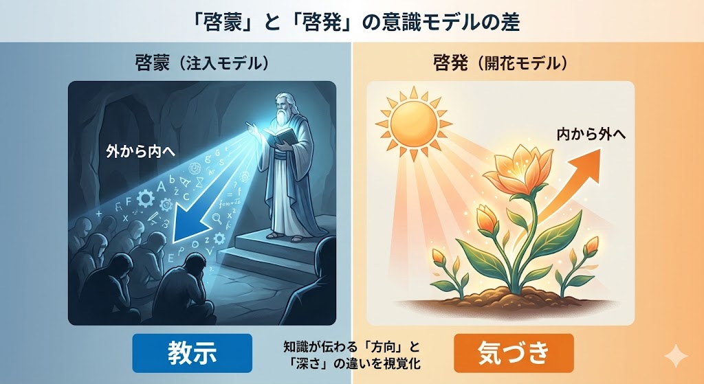 外部から知識を与える「啓蒙」と、内なる気づきを促す「啓発」の心理的モデルの比較図。