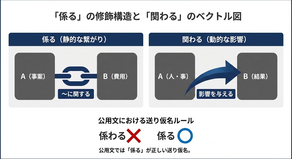 「係る」が示す静的な関係性と、「関わる」が示す動的な影響の違いを解説した構造図。