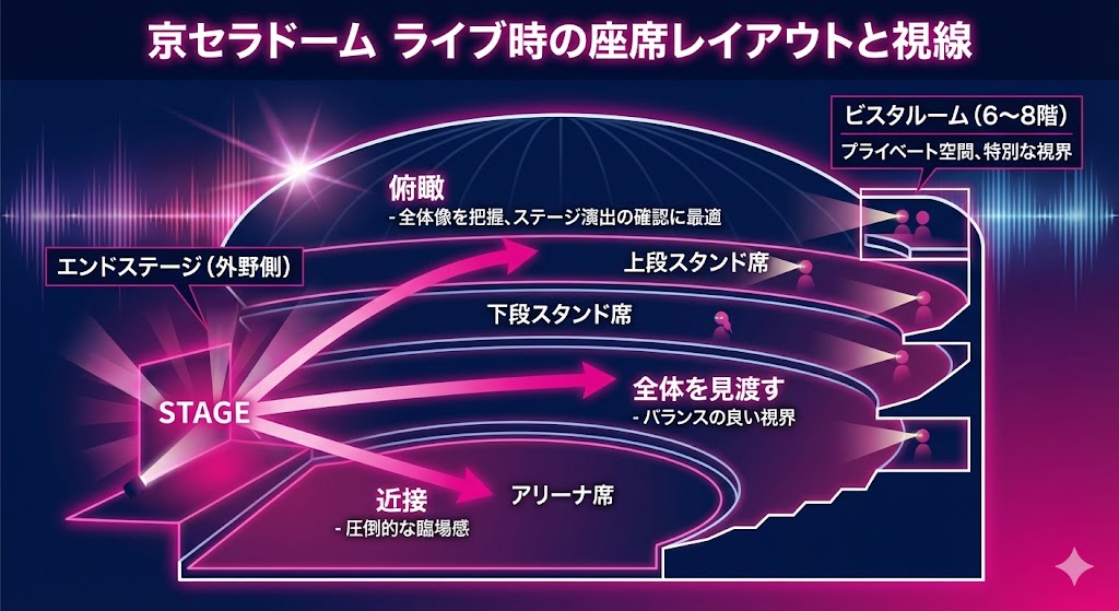 京セラドームのアリーナ席、下段スタンド、上段スタンドの配置と、ステージからの距離感を示した断面図。