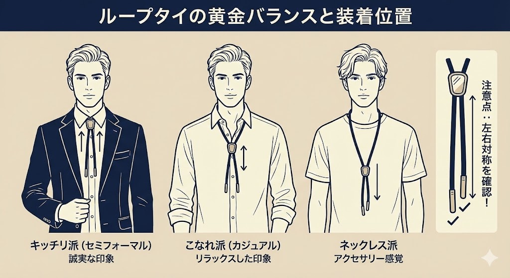 ループタイの3つの装着スタイル（喉元、鎖骨下、胸元）と、それぞれのスタイルが与える印象の解説図。