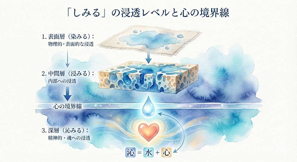 物理的な現象としての「染みる」から、心の深層に届く「沁みる」まで、浸透の深さを段階的に示した概念図。