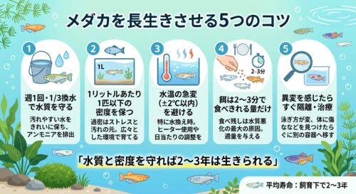 メダカの寿命は何年？長生きさせるコツと死因・飼育環境の整え方を解説