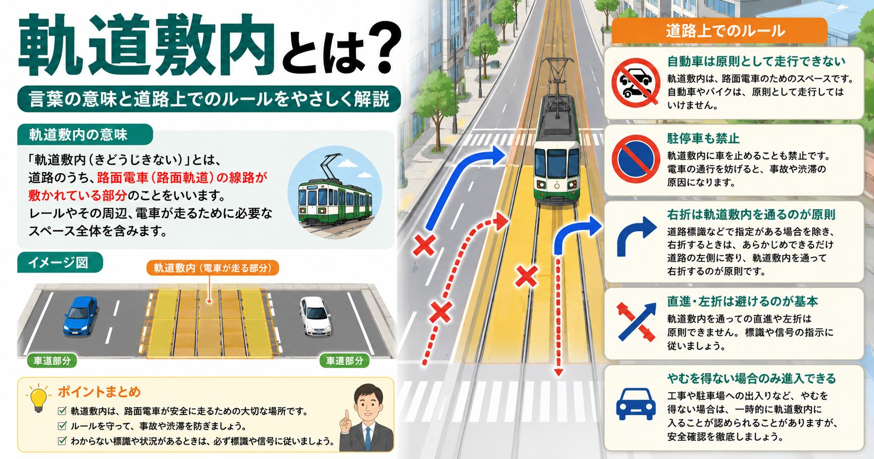 「軌道敷内」とは?言葉の意味と道路上でのルールをやさしく解説